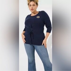 Torrid Outlander Lattice Front Quarter Sleeve Tunic Sweater with Embroidery